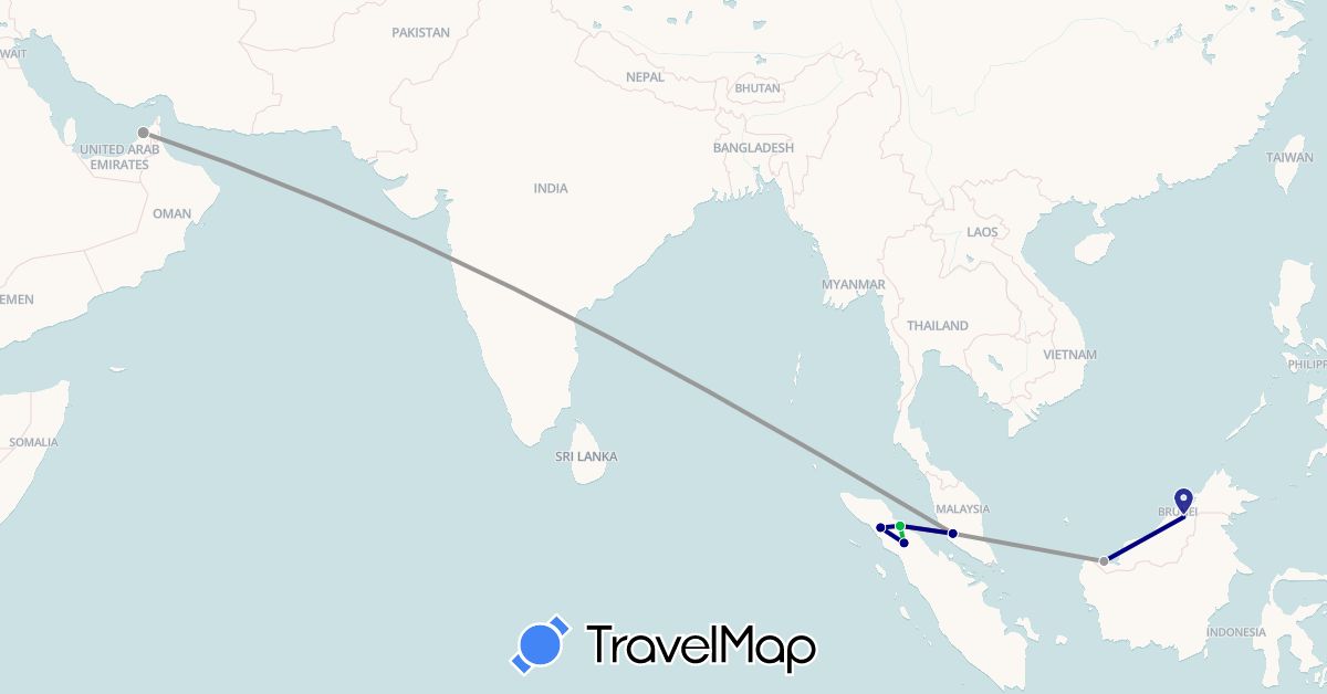 TravelMap itinerary: driving, bus, plane, hiking in United Arab Emirates, Indonesia, Malaysia (Asia)